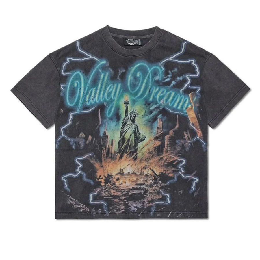 Verano estilo americano retro impresión oscura lavado con agua hace viejos bloques sueltos oversize hip hop skate camiseta de manga corta