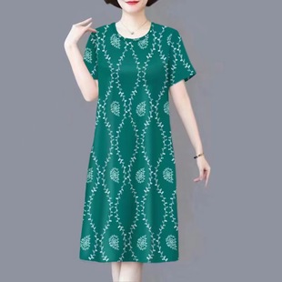 Middle-Aged and Elderly Ice Silk Dress, Summer Dress, Fashionable Mother's Polka Dot Skirt, Fashionable Age-Reducing Slimming Belly-Covering Mid-Length Skirt