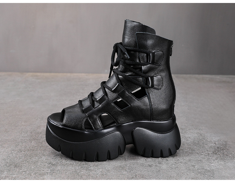 Sandal cao gót nữ hở mũi da bò thật quai buộc dây kéo sau — màu đen chi tiết 11