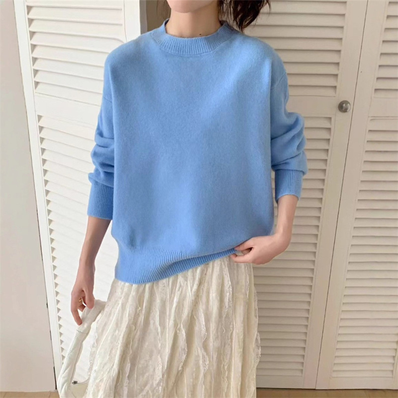 跨境纯色圆领套头毛衣女装秋冬新款慵懒风宽松内搭软糯针织衫上衣|undefined