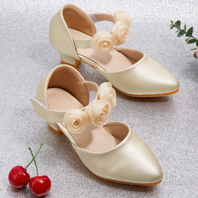 Pointed-Toe Floral High-Heeled Chunky Heel Hollow Children's Sandals, Girls' Princess Style Summer Shoes for Sweet Girls
