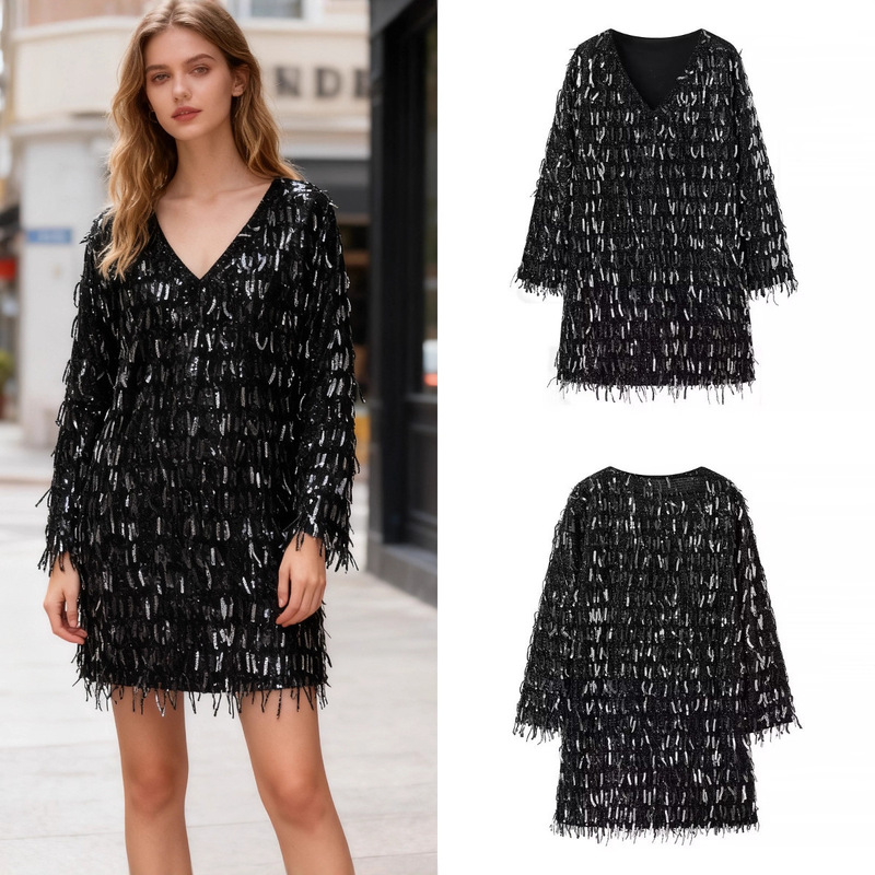 Za Export Cross-Border Spot Wholesale European and American Style Women's Summer Popular Fashion Tassel Sequin Mini Dress