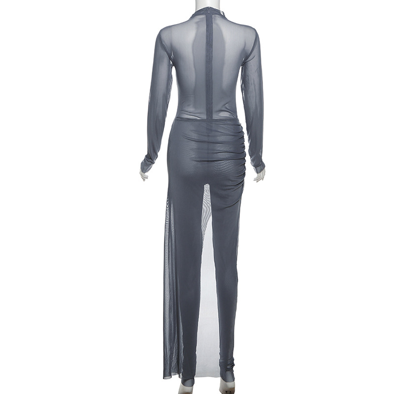 Fall Women Clothing Personality Round Neck Long Sleeve Slim Fit Slimming Jumpsuit Pleated Mid Length Skirt Set Women