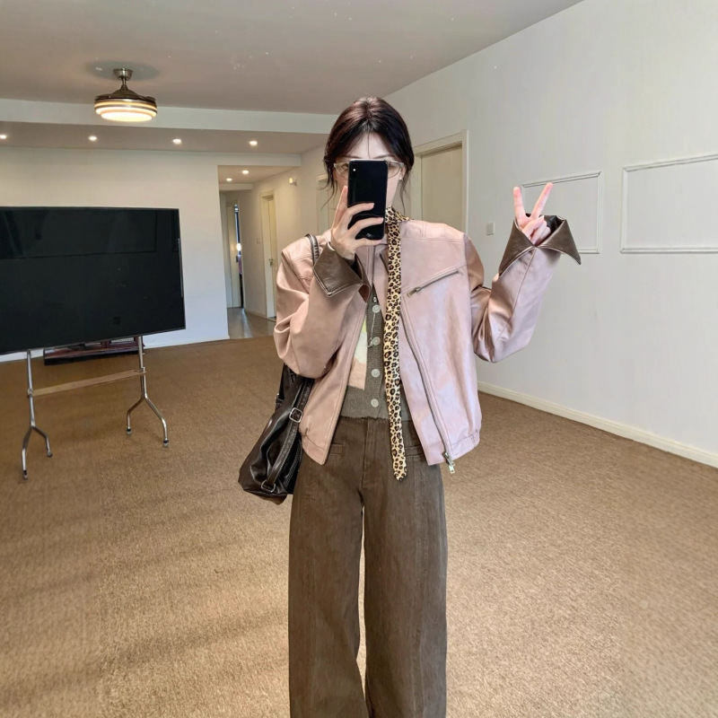 秋季2025新款时髦气质感夹克上衣美式复古撞色翻领皮衣外套女|undefined