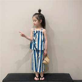 夏装儿童套装2023夏季新品韩版女童蓝白竖纹吊带背心九分裤潮T146