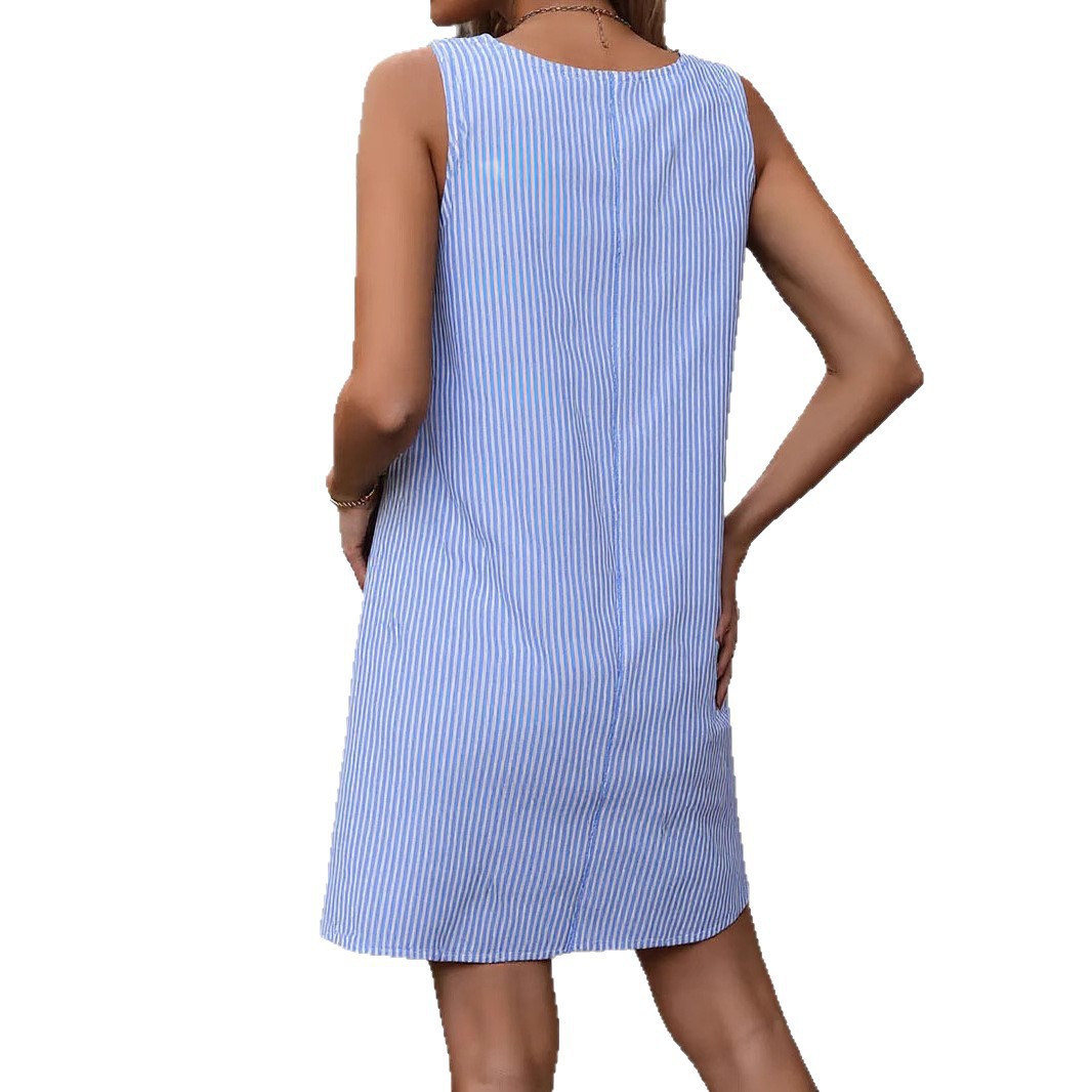 2026 Striped Summer Round Neck Button Strap Pocket Casual Dress For Women_ecoleips.com