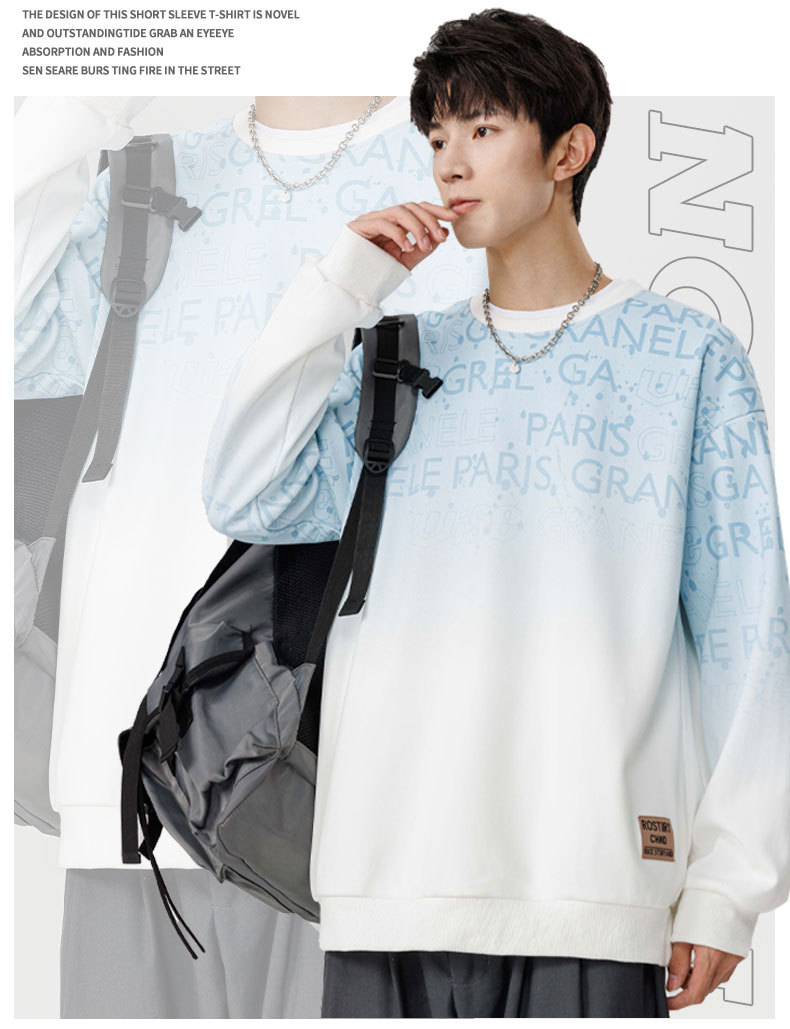 Sweat à capuche à col rond avec lettres dégradées pour hommes, vêtement supérieur tendance de grande taille, ample et décontracté, tendance 2024_voghion.com