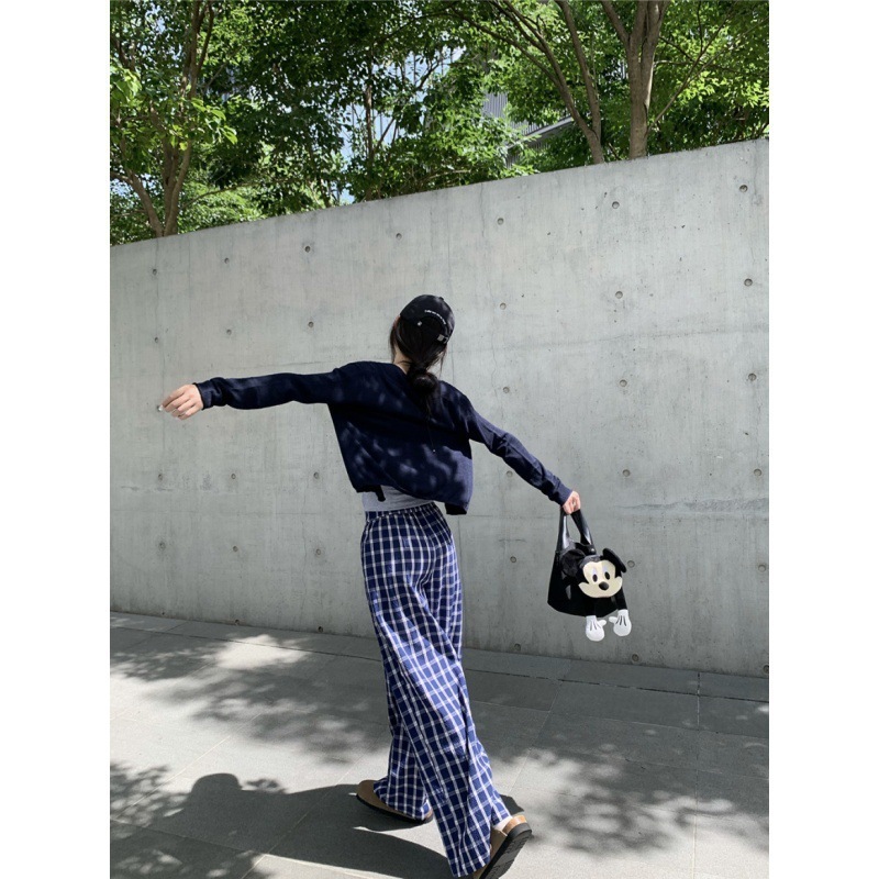 休闲套装带胸垫吊带背心女长袖晒外套早秋格子阔腿长裤时尚|undefined