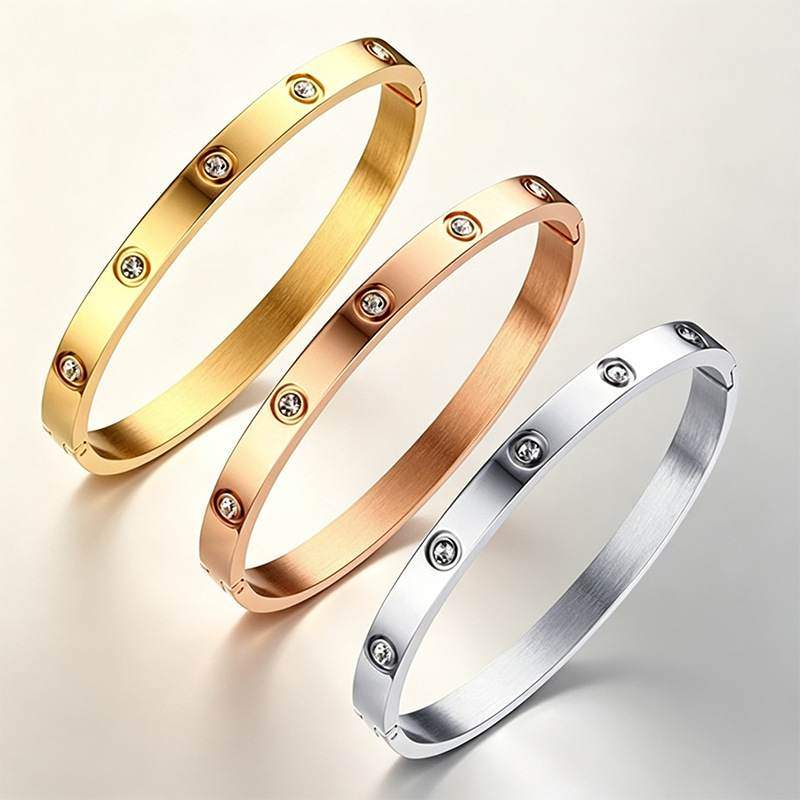 European and American fashion versatile 10-diamond clasp bracelet for women, open-end popular electroplated silver bracelet, cross-border jewelry