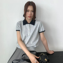 SUE秋季新款气质慵懒风撞色短袖上衣女韩系休闲羊毛针织衫潮37106