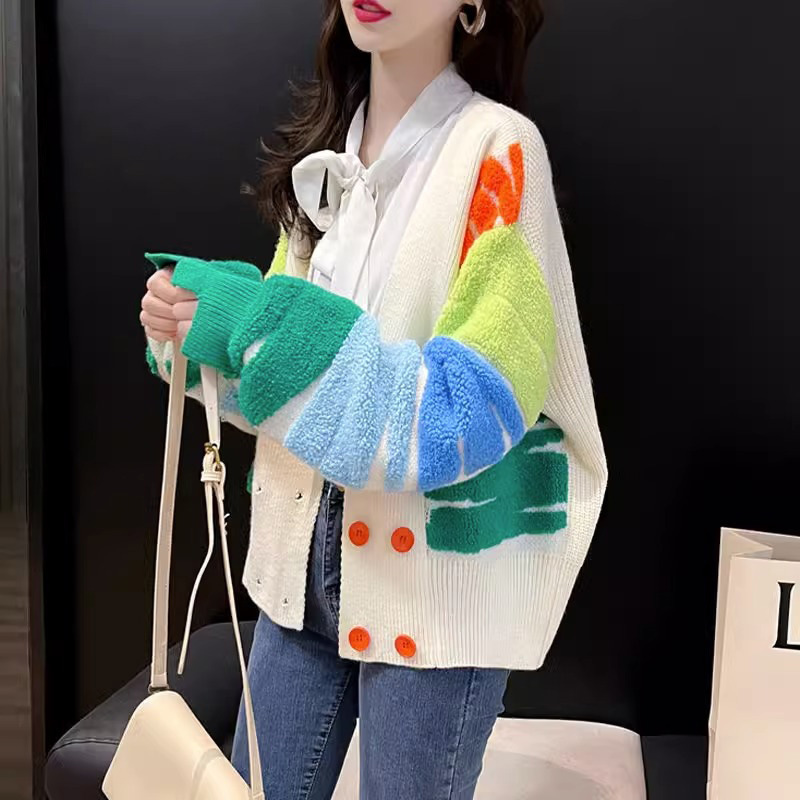 Maoning's New Autum Korean Style Rainbow Color-Blocked Double-Breasted Lazy Style Knitwear Knitwear V Neck Casual Women's Cardigan Maoning's New Autum Korean Style Rainbow Color-Blocked Double-Breasted Lazy Style Knitwear Knitwear V Neck Casual Women's Cardigan