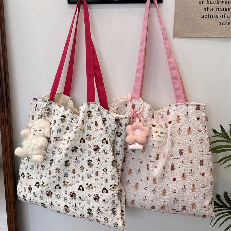 4431 Cute and Sweet Printed Puppy Double-Layer Canvas Bag Summer New Large-Capacity Casual Shoulder Bag
