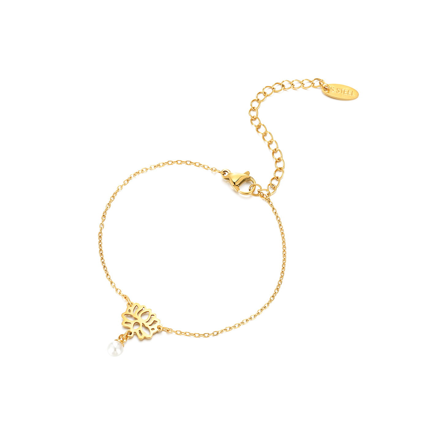 Xuping estilo de acero inoxidable 24k color simple imitación de perlas pulsera de lótus nicho lujoso ligero temperamento joyas de mano para mujeres