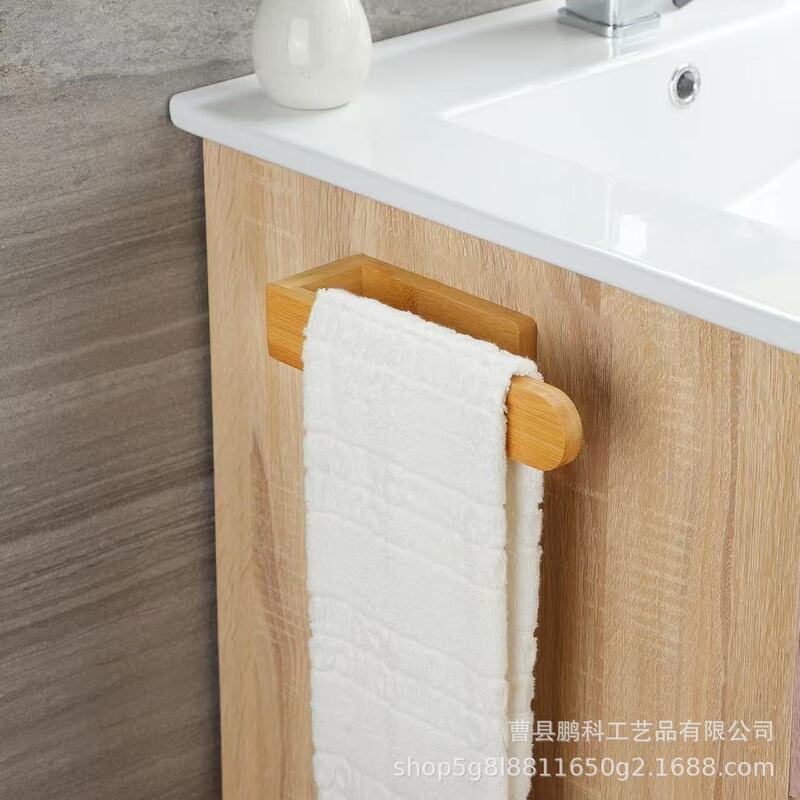 Bamboo and Wood Bathroom Towel Rack, No-Drill Self-Adhesive Multi-Purpose Wall Storage Rack, Wooden Bath Towel Holder