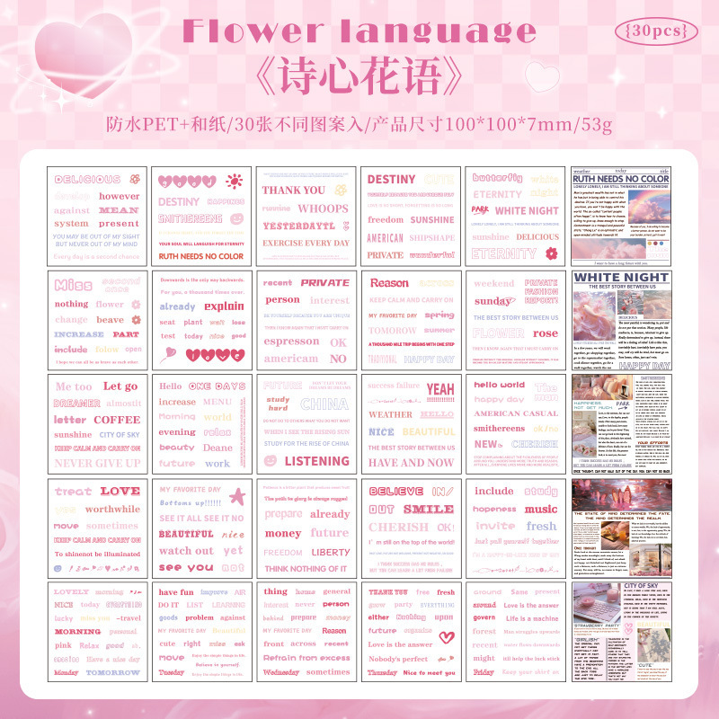 Lluvia brillante transparente pegatinas de mascotas impermeables libros retro transfronterizos inglés palabras de moda pegatinas de texto decoración de contabilidad