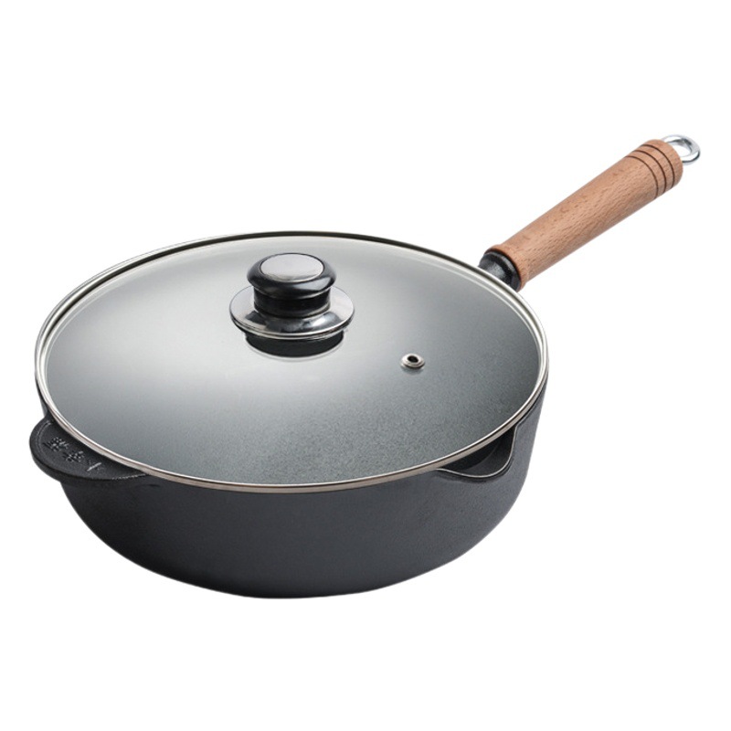 Pequeña felicidad mango de madera profundización pan de hierro fundido puro sin recubrimiento engrosada olla de sopa de hierro cerdo salud antigua olla de hierro doméstica