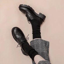 布洛克小皮鞋2024新款英伦学院平底黑色系带厚底单鞋女