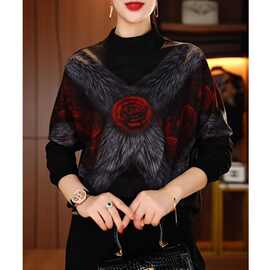 洋气保暖印花打底设计新款女装时尚秋冬长袖减龄圆领上衣遮肉