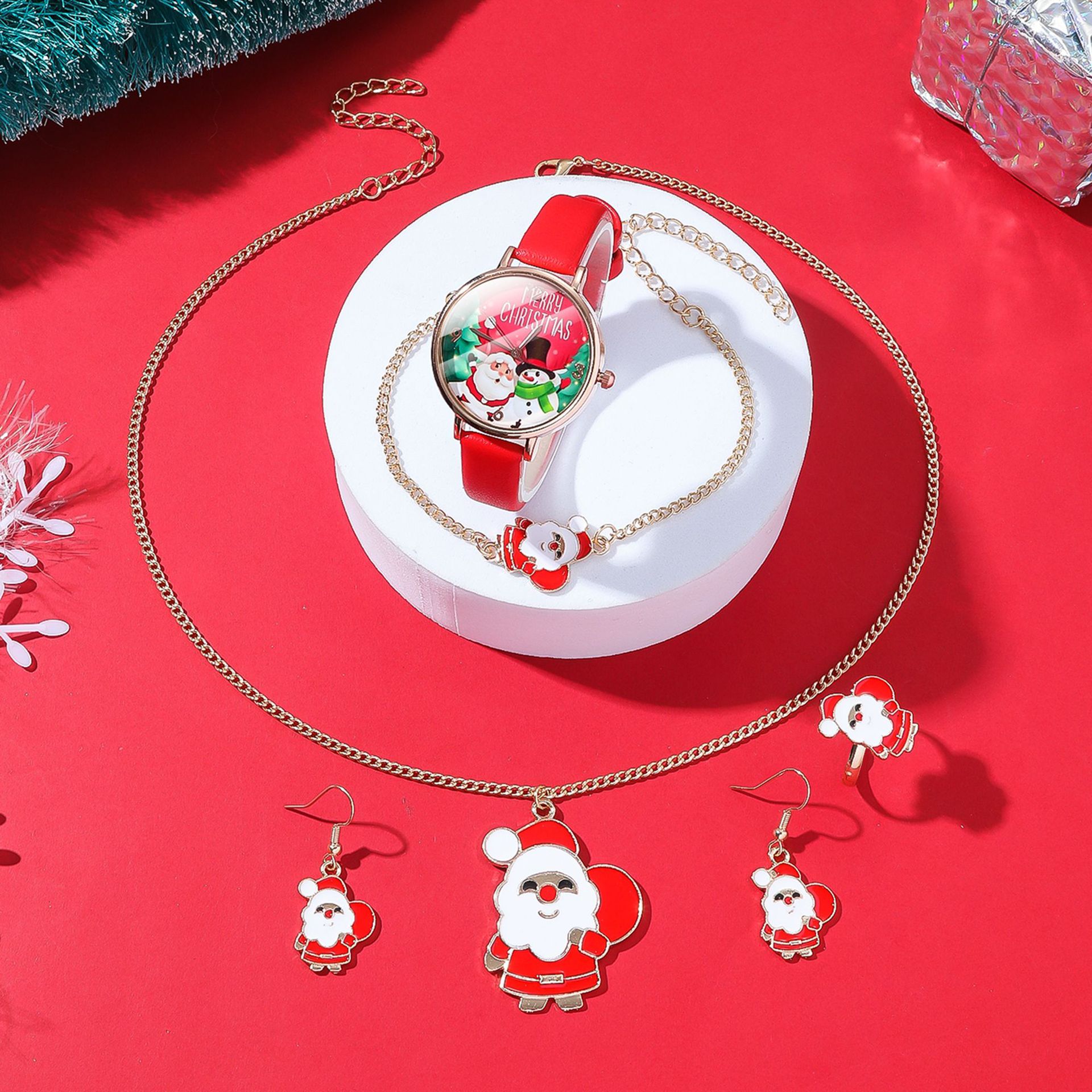 Weihnachtsuhr-Set, Cartoon-Weihnachts-Neuheiten im Herbst und Winter, Gürteluhr + Weihnachtsmann-Schmuckset_voghion.com