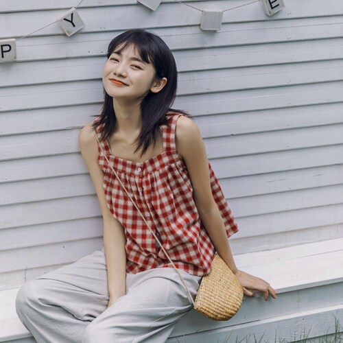 Huangzheng Day Series Sweet Cotton Linen Check Gown Blouse Women 2024 Summer New Loose Single Button Top