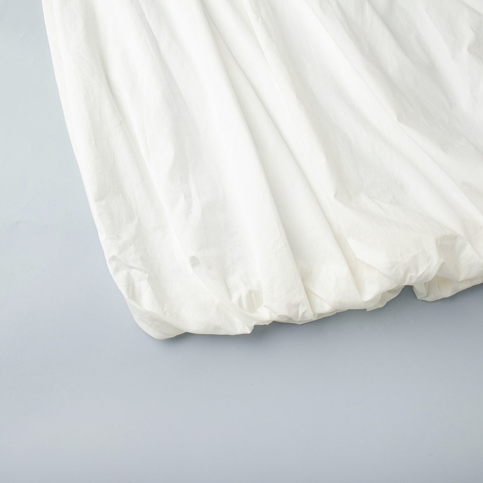 Đầm liền nữ cổ tròn tay phồng cotton dáng rộng màu trơn — Màu trắng chi tiết 12