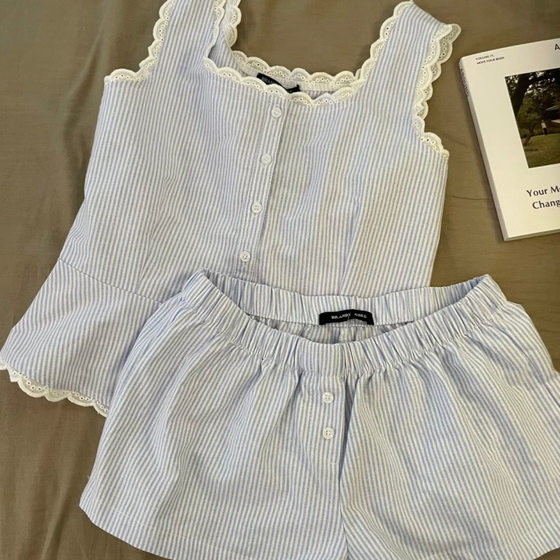 Simple Striped Ins Lace Stitching Strap Pajamas Women's Spring and Summer New High Waist Shorts Home Clothes Two-piece Set