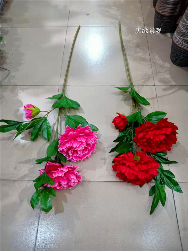 仿真牡丹花红牡丹花枝室内家居客厅花瓶插花摆件大朵人造红花装饰
