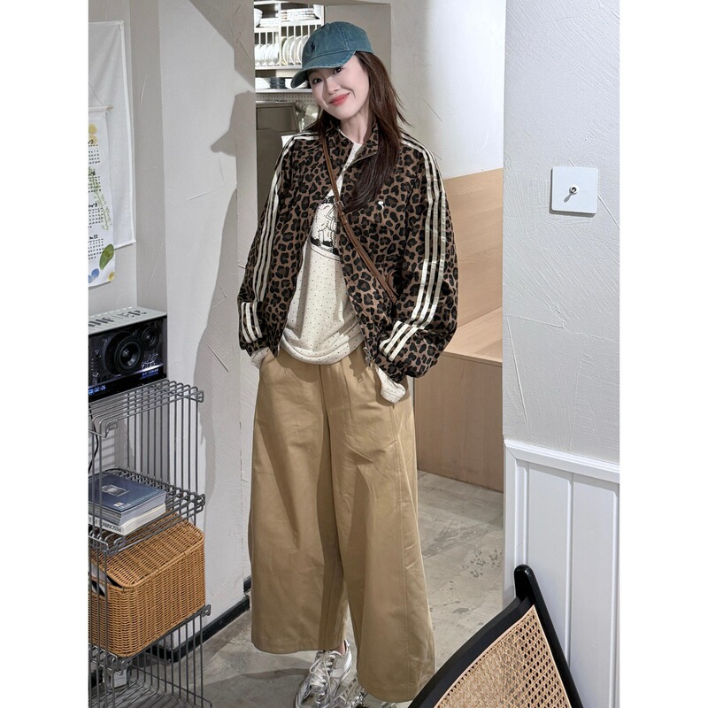 Cross-Border Trade Sporty American-Style Design Leopard Print Striped Casual Niche Retro Jacket Loose Slimming Coat for Women