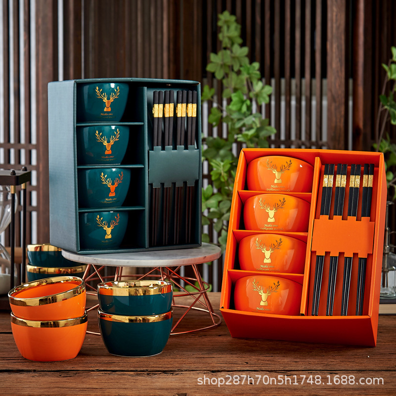 Ceramic Square Bowl Color Green Orange Four Bowls Four Chopsticks Gift Box Set Business Promotion Gift Gift Bowl Souvenir