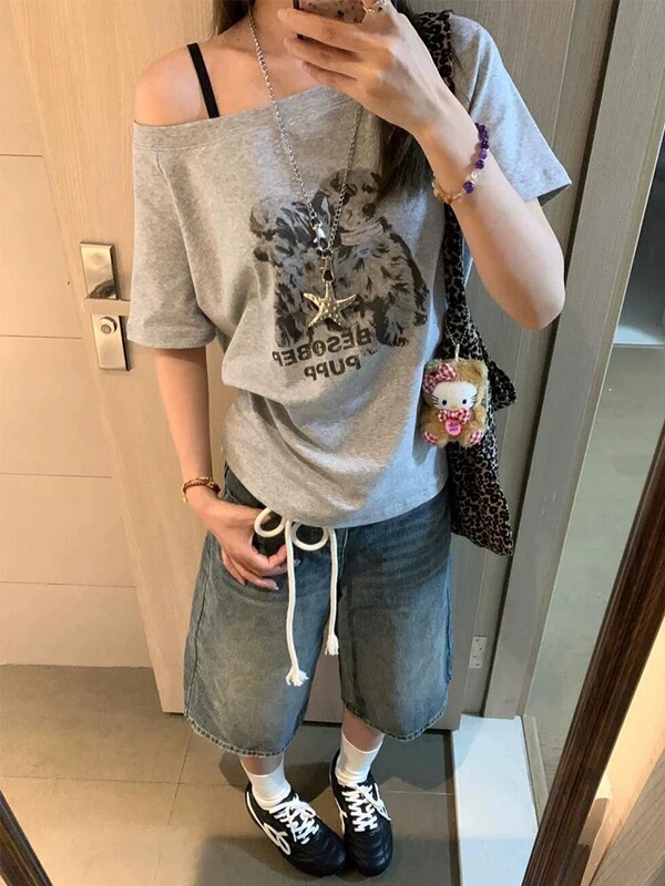 美式复古斜肩纯棉短袖t恤女夏2025新款慵懒风休闲辣妹宽松上衣ins|undefined