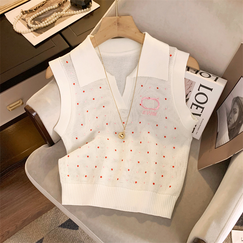 Polo Collar Embroidered Polka Dot Sleeveless Top Women's Summer New Niche Bottoming Cut Out Thin Sleeveless Vest T-Shirt