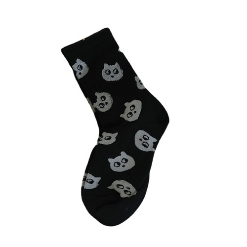 Kitten mid-calf socks for women cartoon trendy embroidered kitten lady cartoon avatar same style black and white cotton socks