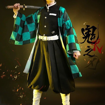 Demon Slayer cosplay outfit, Tanjiro Kamado, with dark patterned haori, Tanjiro Kamado cosplay costume, in stock.