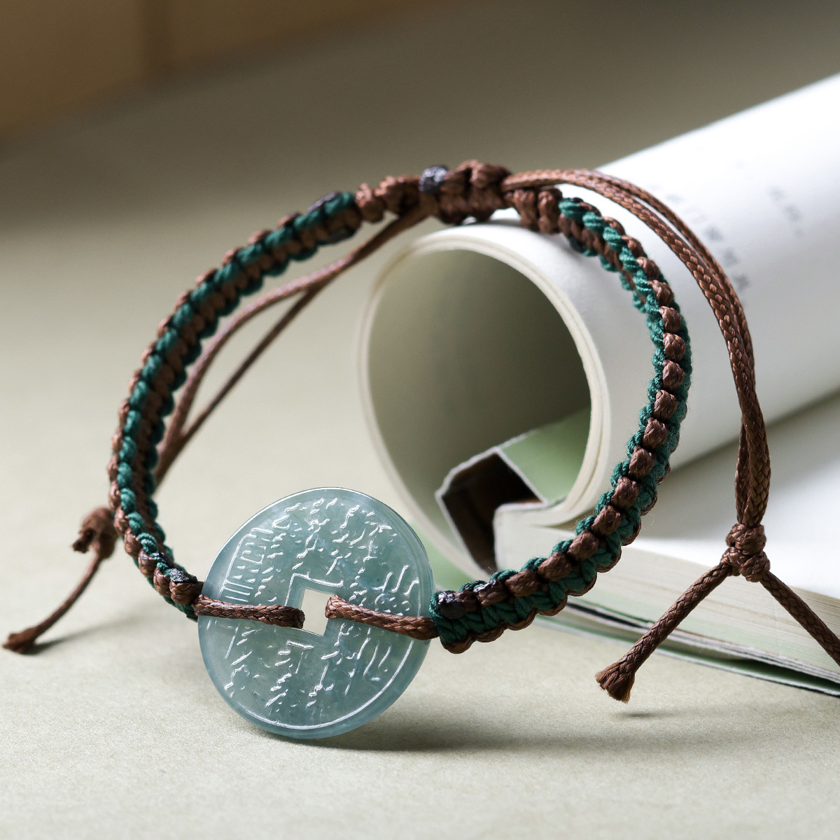 Natural Blue Water Jade Mountain Ghost Coin Pendant Safety Buckle Jade Hand-Woven Rope Original Handcrafted Bracelet Wholesale
