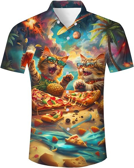 Venta caliente transfronteriza europea y americana, linda mascota gato estampado 3D, camisa hawaiana de manga corta con botones sueltos en la calle principal para hombres
