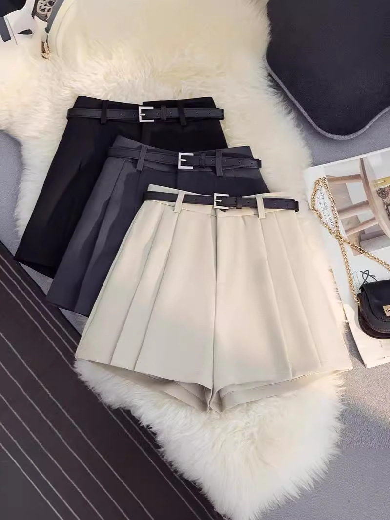 2024 New Women's Summer New Spice Girls Grey Shorts Slim A- Line Pleated Pants Skirt High Waist Casual Wide Leg Pants