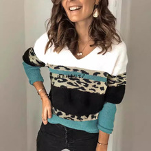 2025冬新款欧美外贸豹纹拼接时尚个性V领针织衫打底毛衣批发长袖