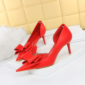 3168-A2 Korean version slim and sweet beauty shoes with slim heels, high heels, shallow toes, and side hollowed bow sing