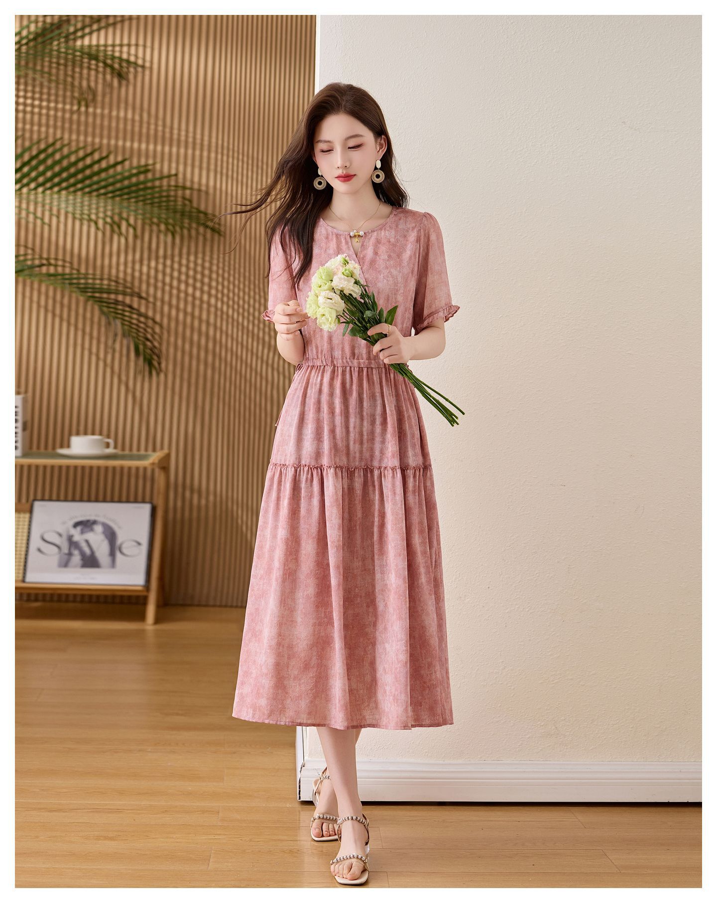 Đầm maxi nữ thắt eo cổ V tay ngắn họa tiết hoa dáng dài GT8207 — xanh lam, Màu hồng chi tiết 23