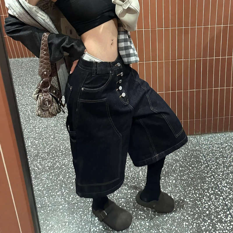 American-Style Vibe Multi-Button Lumberjack Workwear Denim Pants for Women, Spring and Summer Street Style Wide-Leg Cropped Pants, Straight Loose-Fitting Seven-Quarter Pants