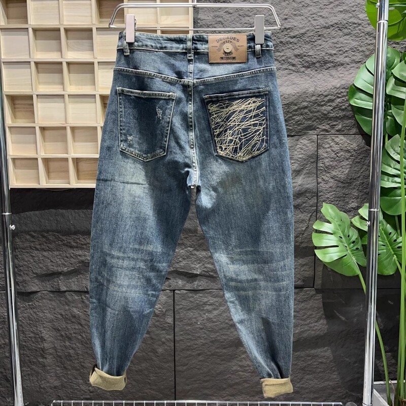Cross-Border Men's High Street Vintage Washed Light Blue Straight-Leg Jeans Men's Trendy Street Style Plus-Size Long Pants