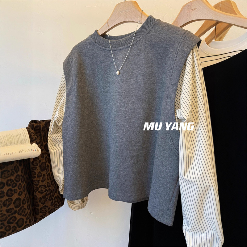 Lazy Weekend~Vertical Shirt Sleeves Spliced Casual Round Neck Sweatshirt Women's Autumn Loose Top Lazy Weekend~Vertical Shirt Sleeves Spliced Casual Round Neck Sweatshirt Women's Autumn Loose Top