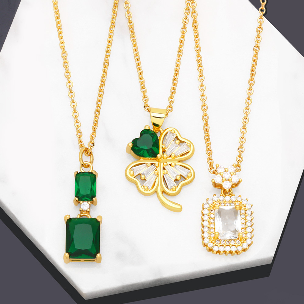 Fashion Four Leaf Clover Square Copper Plating Inlay Zircon Pendant Necklace 1 Piece