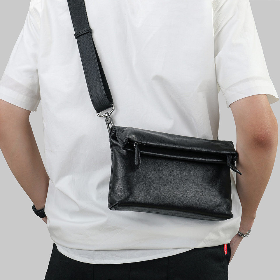 Túi đeo chéo nam da bò thật Malute mềm mại, kiêm túi clutch cầm tay, chống thấm nước — Màu đen chi tiết 15