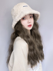 Hollywood Hat, integrated fashion winter and autumn bowl hat, lambskin fisherman hat, wave pattern Korean version, versatile wig hat