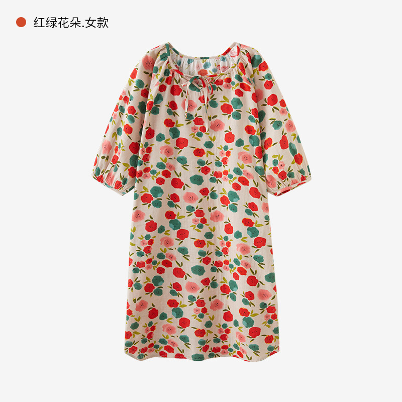 かわいい多62-フレンチパジャマ女性夏純綿ガーゼパジャマ七分袖ゆるい大サイズ綿妊婦ロングスカート