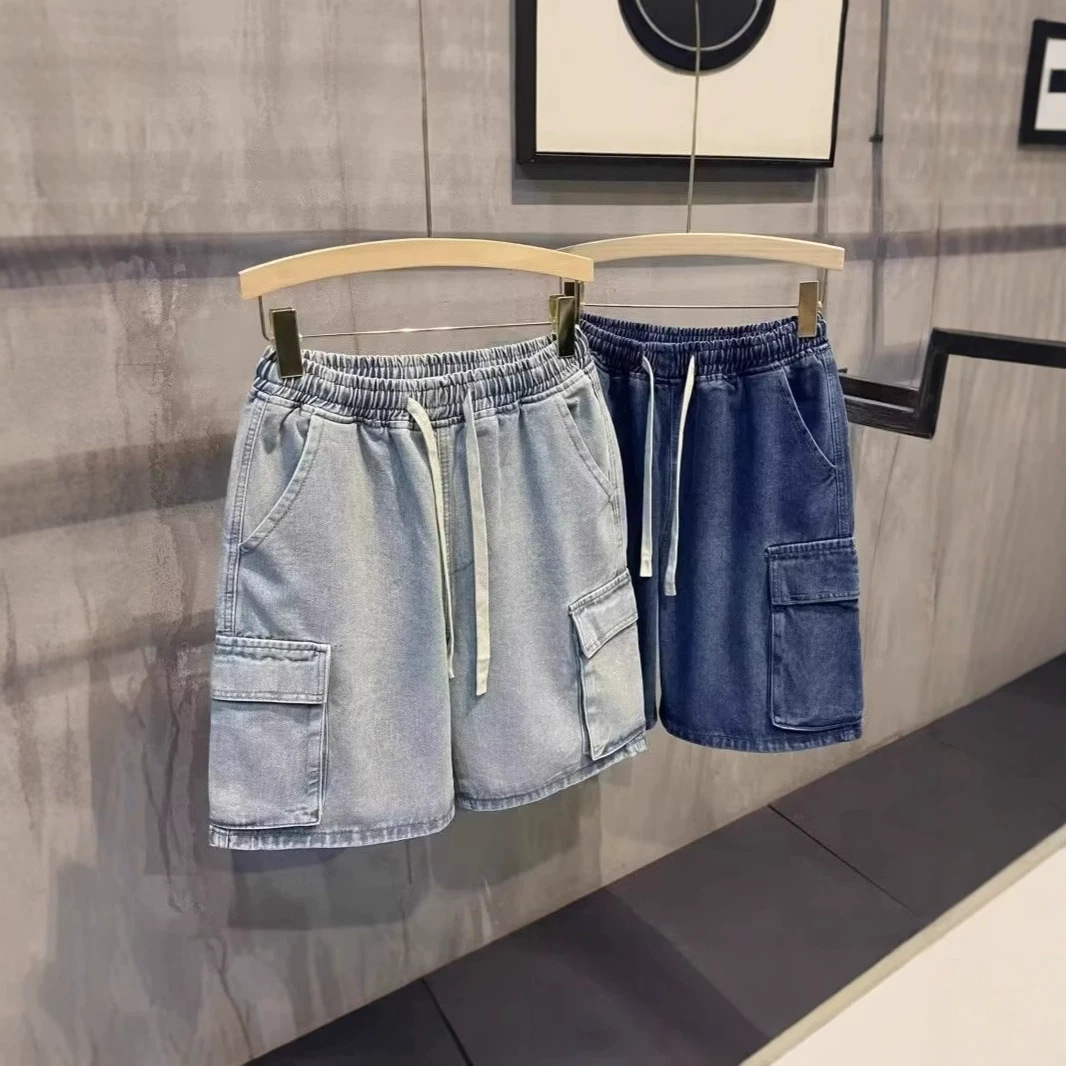 Men's Denim Shorts Summer Thin Loose Cargo Knee-Length American Style Trendy High Street Straight Elastic Waist Mid-Length Shorts