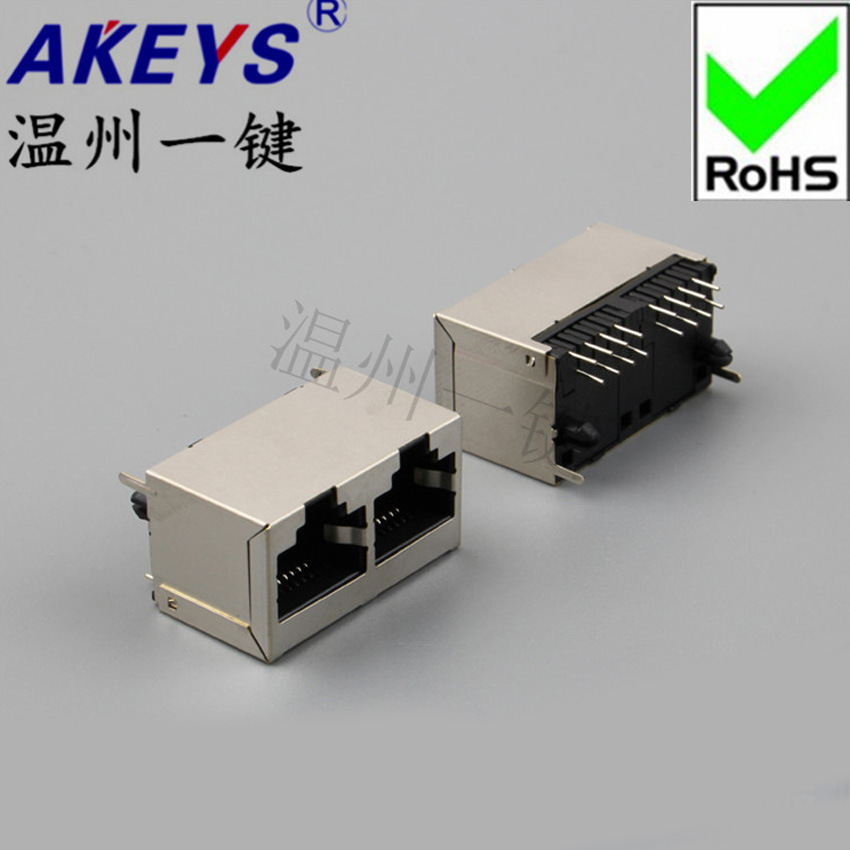 RJ45插座 5224-8P8C-1*2双网口网络接口立式直插180度1X2交换机口