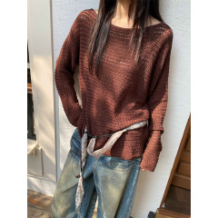 2025秋季新款慵懒风宽松天丝亚麻女式针织衫圆领镂空毛衫女W1098