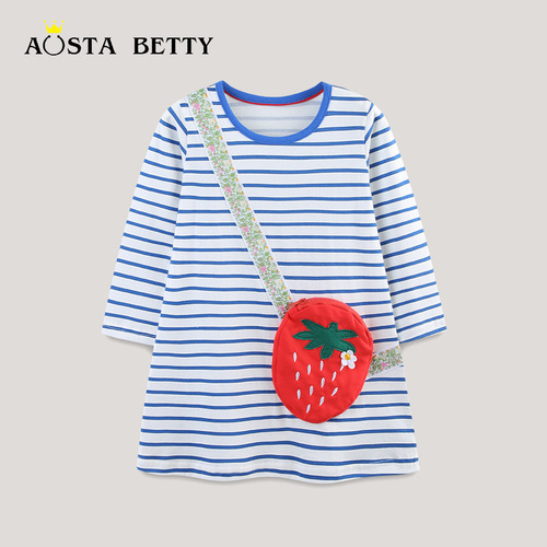 AostaBetty Autumn New Women's Children's Dress European and American Style Children's Princess Dress Striped Patchwork Bag Children's Dress